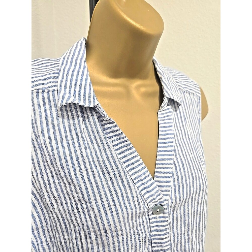 J Jill Love Linen French Stripe Sleeveless Tunic Med Blue White Coastal Nautical